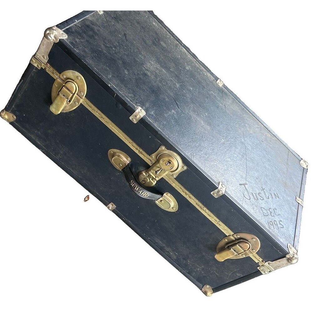 Large Vintage Style Black Storage Trunk Footlocker Brass Hardware 31”